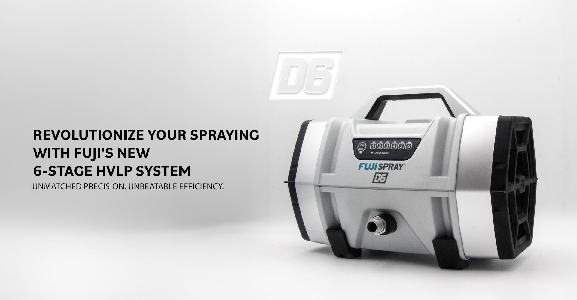Fuji Spray's new D6 6-stage HVLP system, showcasing unmatched precision and unbeatable efficiency in a sleek silver and black design.